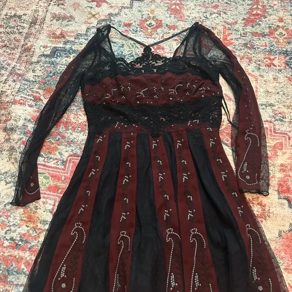 Free People | Dresses | Free People Black And Burgundy Long Sleeve Dress |  Poshmark